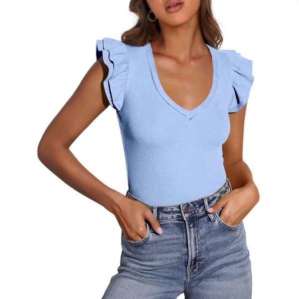 V-neck Ruffle-sleeve Knitted Short-sleeve Top For Women