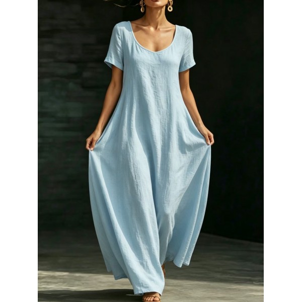 Summer U-Neck Short Sleeve Flowy Maxi Dress - Casual Solid Color Women's Loose Dress Summer Dress For Women