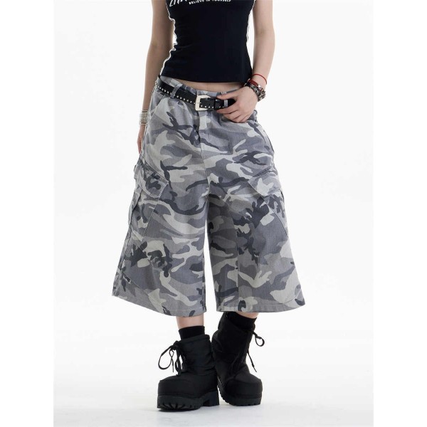 Retro Camouflage Workwear Cropped Pants For Women Wide-leg Casual Pants