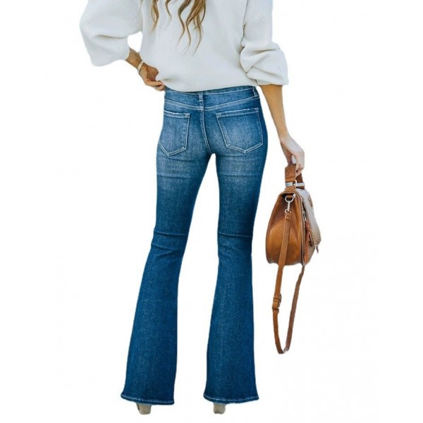 Washed Bell-bottom Pants Elastic Ripped Women
