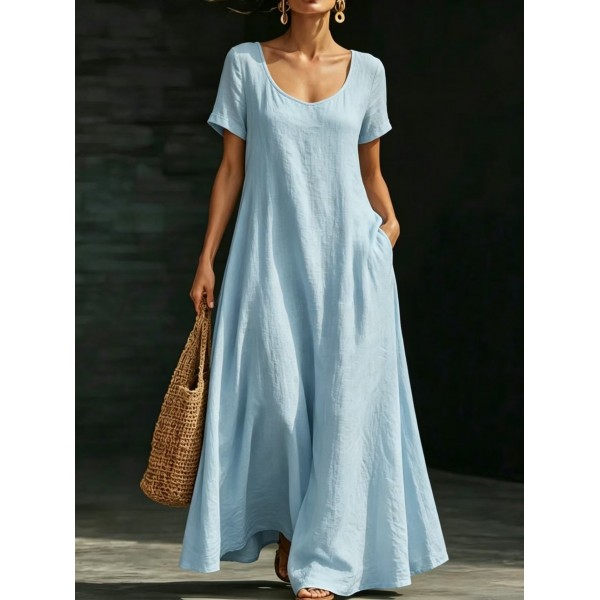 Summer U-Neck Short Sleeve Flowy Maxi Dress - Casual Solid Color Women's Loose Dress Summer Dress For Women