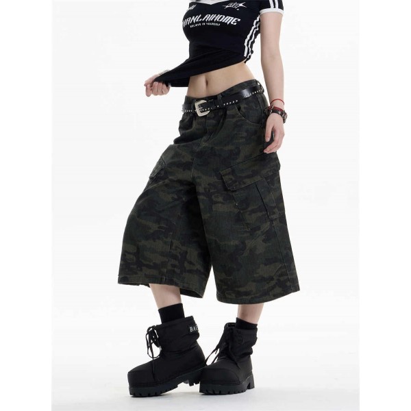 Retro Camouflage Workwear Cropped Pants For Women Wide-leg Casual Pants