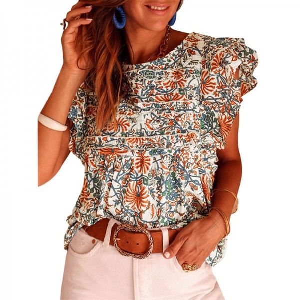 Floral Print Top For Women Summer New Ruffled Short Sleeve Chiffon Pullovers