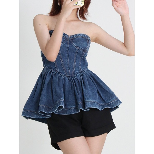 New Design Temperament Denim Bra Wash Ruffle Top Female