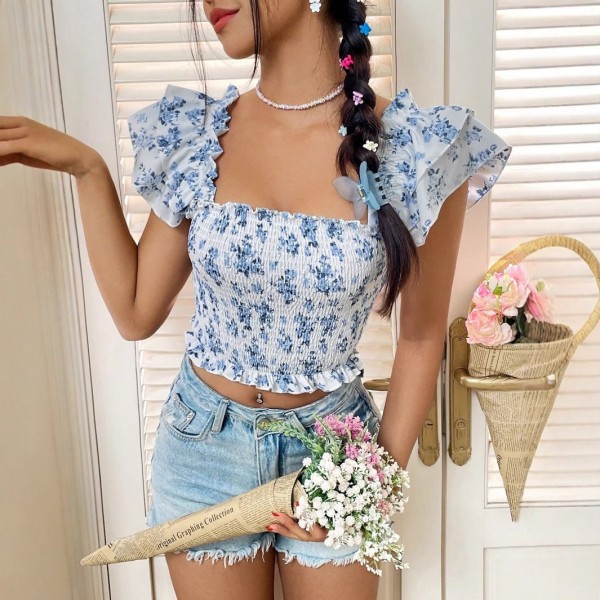 European And American Instagram-style Summer Floral-print Square-neck Top With Puff Sleeves For Women