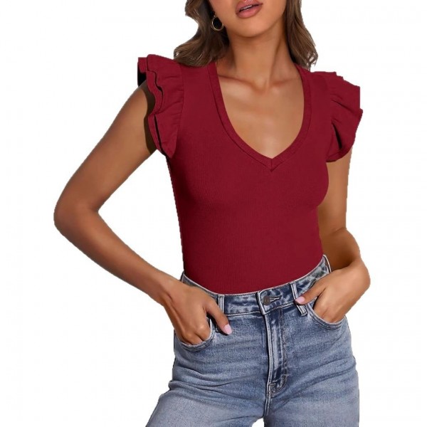 V-neck Ruffle-sleeve Knitted Short-sleeve Top For Women