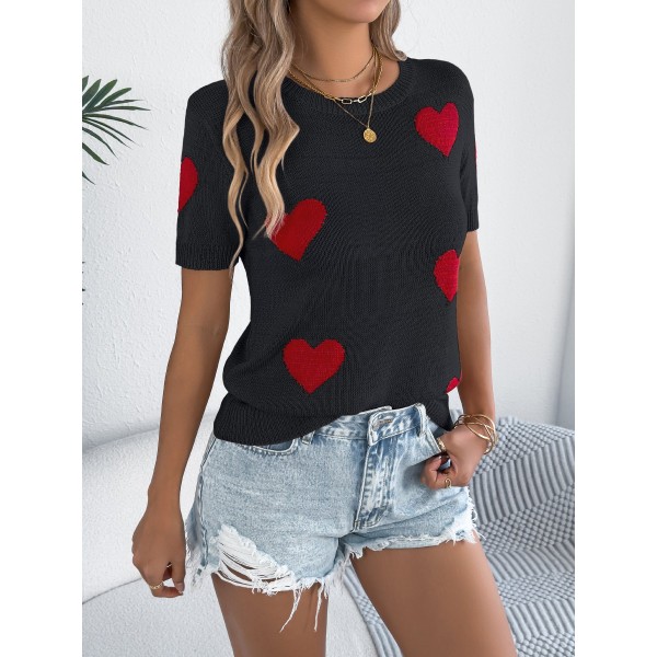 Women S Casual Color Block Heart Short Sleeve Knit Valentine S Top