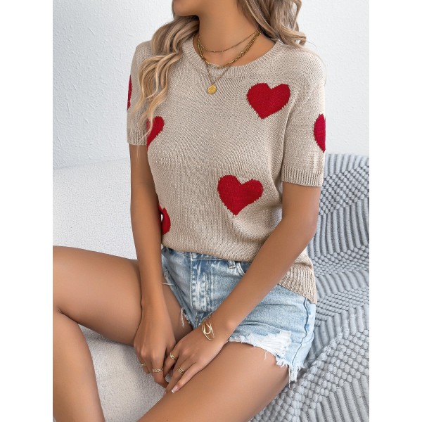 Women S Casual Color Block Heart Short Sleeve Knit Valentine S Top