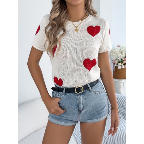 Women S Casual Color Block Heart Short Sleeve Knit Valentine S Top