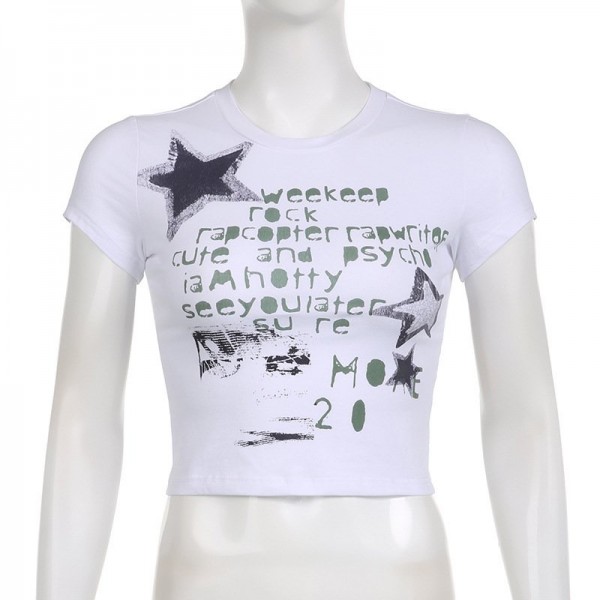 Summer Graffiti Letters Printed Simple Slim-fit Figure Flattering Short-sleeved Top For Women
