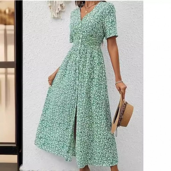 Summer New V-neck Printed Short Sleeve Split Dress Women