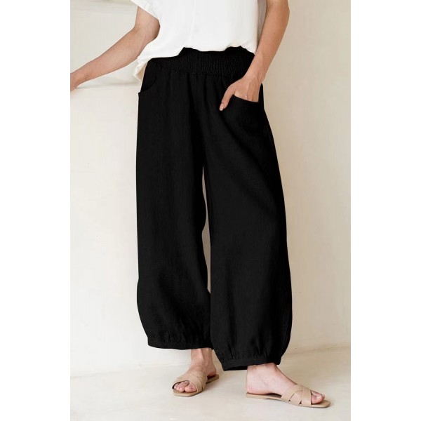 Casual Linen Loose-fit Solid-color Wide-leg Cropped Pants