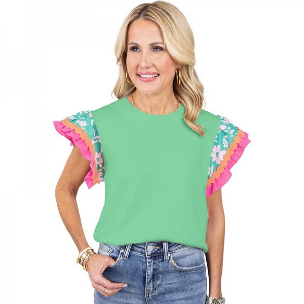 Summer New Floral Print Short-sleeved T-shirt For Women Fashion Color Contrast Round Neck Pullover Top For Women
