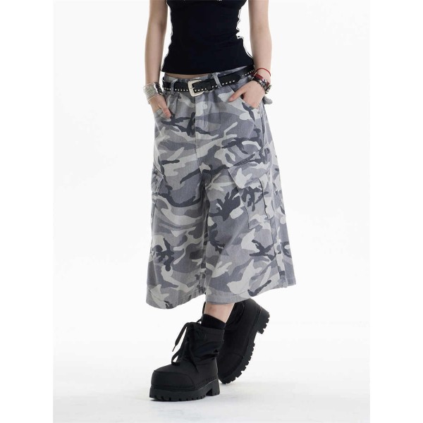 Retro Camouflage Workwear Cropped Pants For Women Wide-leg Casual Pants