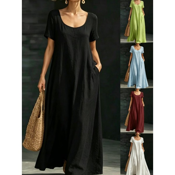 Summer U-Neck Short Sleeve Flowy Maxi Dress - Casual Solid Color Women's Loose Dress Summer Dress For Women