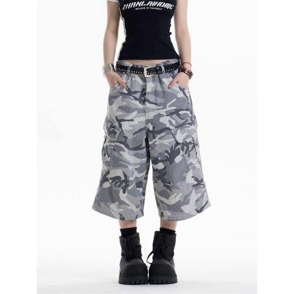 Retro Camouflage Workwear Cropped Pants For Women Wide-leg Casual Pants