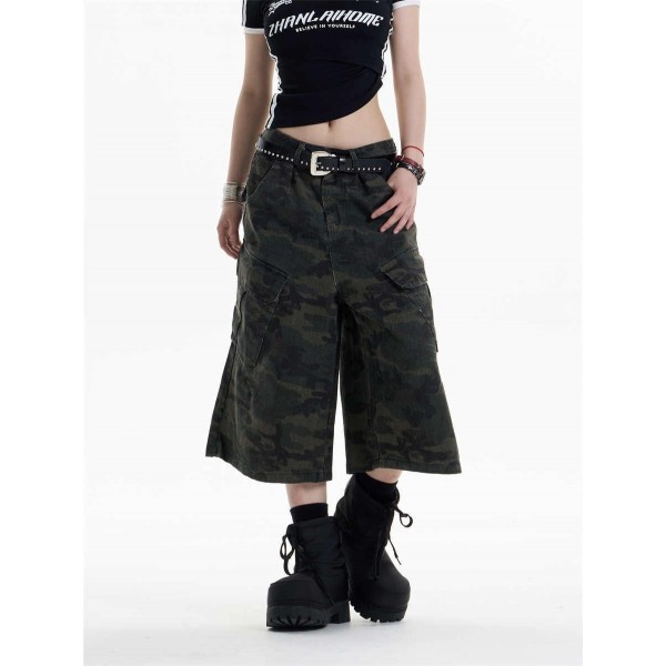 Retro Camouflage Workwear Cropped Pants For Women Wide-leg Casual Pants