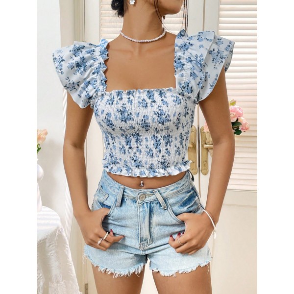 European And American Instagram-style Summer Floral-print Square-neck Top With Puff Sleeves For Women