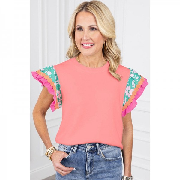 Summer New Floral Print Short-sleeved T-shirt For Women Fashion Color Contrast Round Neck Pullover Top For Women