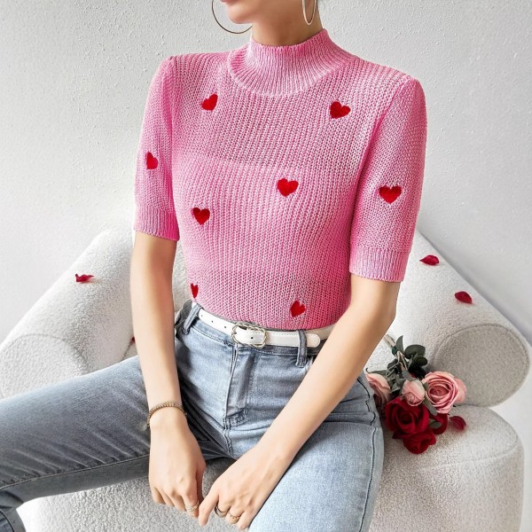 Fashion High-neck Heart Knit Short Sleeve Women
