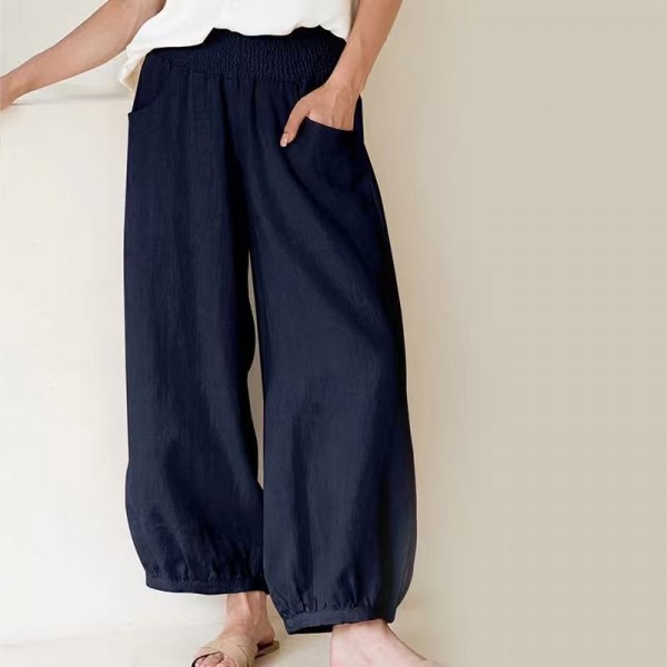 Casual Linen Loose-fit Solid-color Wide-leg Cropped Pants