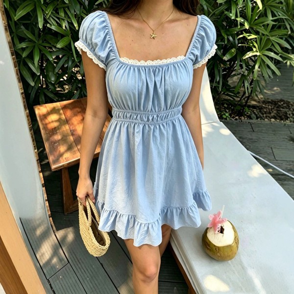 Summer French-Style Square-Neck Puff-Sleeve A-Line Dress For Women