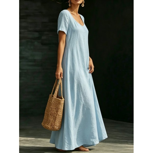 Summer U-Neck Short Sleeve Flowy Maxi Dress - Casual Solid Color Women's Loose Dress Summer Dress For Women