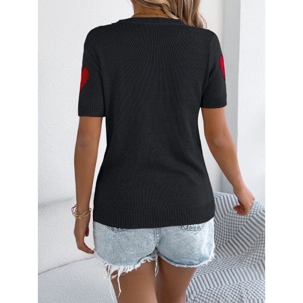 Women S Casual Color Block Heart Short Sleeve Knit Valentine S Top