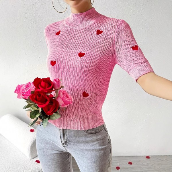 Fashion High-neck Heart Knit Short Sleeve Women