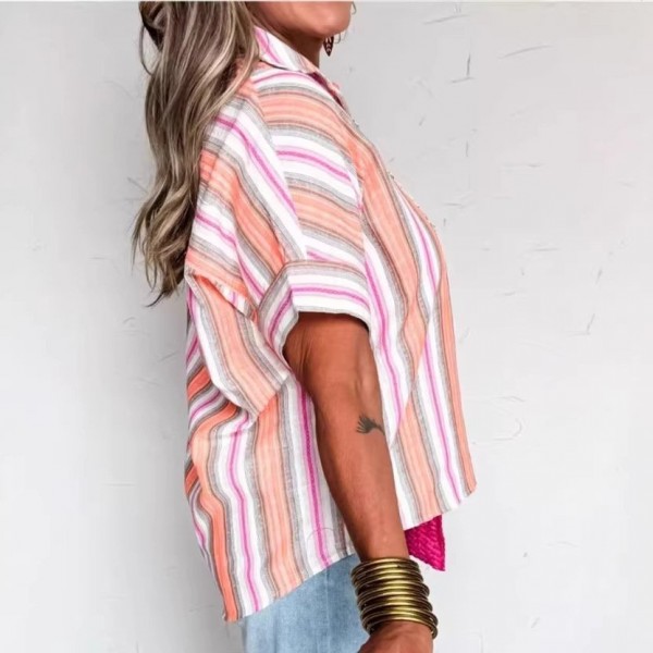 Personalized Striped Print Short-sleeve Summer Blouse For Women