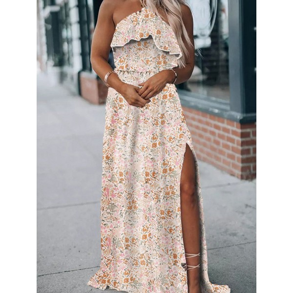 Summer Halter Dress Women Ruffled Floral Floral Print Slit Skirt